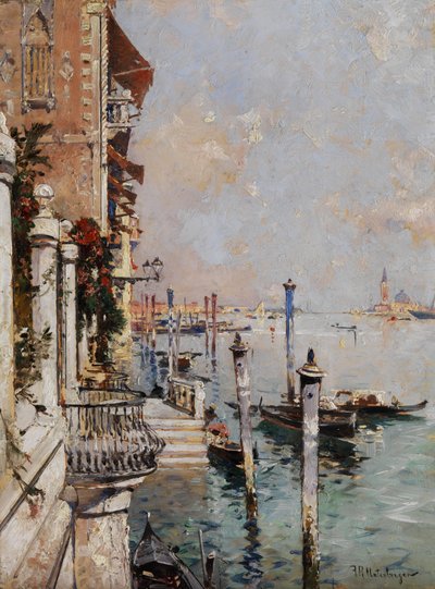 Venetië, uitzicht vanaf een kanaal over het Canal Grande naar de kerk San Giorgio door Franz Richard Unterberger